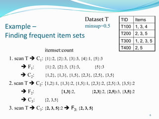 Example –
Finding frequent item sets
6
Dataset T TID Items
T100 1, 3, 4
T200 2, 3, 5
T300 1, 2, 3, 5
T400 2, 5
itemset:count
1. scan T  C1: {1}:2, {2}:3, {3}:3, {4}:1, {5}:3
 F1: {1}:2, {2}:3, {3}:3, {5}:3
 C2: {1,2}, {1,3}, {1,5}, {2,3}, {2,5}, {3,5}
2. scan T  C2: {1,2}:1, {1,3}:2, {1,5}:1, {2,3}:2, {2,5}:3, {3,5}:2
 F2: {1,3}:2, {2,3}:2, {2,5}:3, {3,5}:2
 C3: {2, 3,5}
3. scan T  C3: {2, 3, 5}:2  F3: {2, 3, 5}
minsup=0.5
 