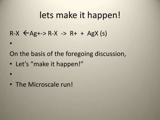 lets make it happen!
R-X Ag+-> R-X -> R+ + AgX (s)
•
On the basis of the foregoing discussion,
• Let’s “make it happen!”
•
• The Microscale run!
 