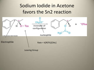Sodium Iodide in Acetone
                favors the Sn2 reaction



                                 nucleophile


Electrophile                 Rate = k[ROTs][OAc]


                 Leaving Group
 