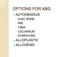 OPTIONS FOR ABG
 AUTOGENOUS
◦ ILIAC BONE
◦ RIB
◦ TIBIA
◦ CALVARIUM
◦ SYMPHYSIS
 ALLOPLASTIC
 ALLOGENIC
 