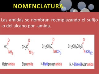 Las amidas se nombran reemplazando el sufijo
-o del alcano por -amida.
 