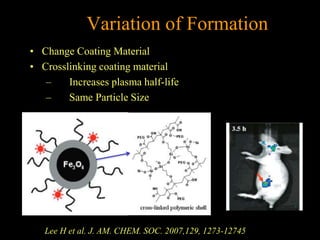 Variation of Formation
• Change Coating Material
• Crosslinking coating material
– Increases plasma half-life
– Same Particle Size
Lee H et al. J. AM. CHEM. SOC. 2007,129, 1273-12745
 