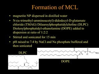 Formation of MCL
• magnetite NP dispersed in distilled water
• N-(a-trimethyl-amminoacetyl)-didodecyl-D-glutamate
chloride (TMAG) Dilauroylphosphatidylcholine (DLPC)
Dioleoylphosphatidyl-ethanolamine (DOPE) added to
dispersion at ratio of 1:2:2
• Stirred and sonicated for 15 min
• pH raised to 7.4 by NaCl and Na phosphate buffered and
then sonicated
DLPC
DOPE
 