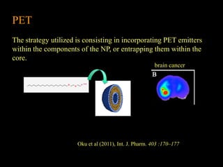 PET
The strategy utilized is consisting in incorporating PET emitters
within the components of the NP, or entrapping them within the
core.
brain cancer
Oku et al (2011), Int. J. Pharm. 403 :170–177
 