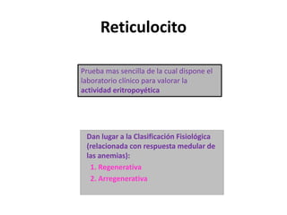 Reticulocito
Prueba mas sencilla de la cual dispone el
laboratorio clínico para valorar la
actividad eritropoyética
Dan lu...