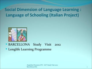 Social Dimension of Language Learning :
Language of Schooling (Italian Project)




 BARCELLONA Study Visit                            2012
 Longlife Learning Programme



             Angiolina Ponziano (IT) LLP Study Visit 2012
             Barcellona (ES)                                1
 
