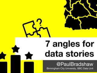 7 angles for
data stories
@PaulBradshaw
Birmingham City University, BBC Data Unit
 