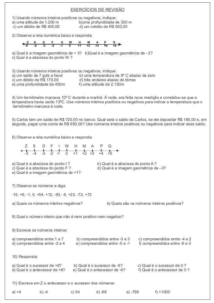Exercícios De Números Negativos é Positivos 7 Ano Com Gabarito