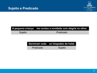 6
Sujeito e Predicado
A pequena criança me contou a novidade com alegria no olhar.
Sujeito Predicado
Dormiram cedo os hóspedes do hotel.
Predicado Sujeito
 