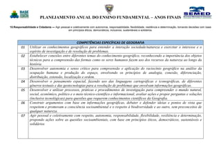 PLANEJAMENTO ANUAL DO ENSINO FUNDAMENTAL – ANOS FINAIS
10.Responsabilidade e Cidadania — Agir pessoal e coletivamente com autonomia, responsabilidade, flexibilidade, resiliência e determinação, tomando decisões com base
em princípios éticos, democráticos, inclusivos, sustentáveis e solidários.
COMPETÊNCIAS ESPECÍFICAS DE GEOGRAFIA
01 Utilizar os conhecimentos geográficos para entender a interação sociedade/natureza e exercitar o interesse e o
espírito de investigação e de resolução de problemas.
02 Estabelecer conexões entre diferentes temas do conhecimento geográfico, reconhecendo a importância dos objetos
técnicos para a compreensão das formas como os seres humanos fazem uso dos recursos da natureza ao longo da
história.
03 Desenvolver autonomia e senso crítico para compreensão e aplicação do raciocínio geográfico na análise da
ocupação humana e produção do espaço, envolvendo os princípios de analogia, conexão, diferenciação,
distribuição, extensão, localização e ordem.
04 Desenvolver o pensamento espacial, fazendo uso das linguagens cartográficas e iconográficas, de diferentes
gêneros textuais e das geotecnologias para a resolução de problemas que envolvam informações geográficas.
05 Desenvolver e utilizar processos, práticas e procedimentos de investigação para compreender o mundo natural,
social, econômico, político e o meio técnico-científico e informacional, avaliar ações e propor perguntas e soluções
(inclusive tecnológicas) para questões que requerem conhecimentos científicos da Geografia.
06 Construir argumentos com base em informações geográficas, debater e defender ideias e pontos de vista que
respeitem e promovam a consciência socioambiental e o respeito à biodiversidade e ao outro, sem preconceitos de
qualquer natureza.
07 Agir pessoal e coletivamente com respeito, autonomia, responsabilidade, flexibilidade, resiliência e determinação,
propondo ações sobre as questões socioambientais, com base em princípios éticos, democráticos, sustentáveis e
solidários
 