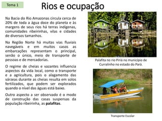 Rios e ocupação
Na Bacia do Rio Amazonas circula cerca de
20% de toda a água doce do planeta e às
margens de seus rios há terras indígenas,
comunidades ribeirinhas, vilas e cidades
de diversos tamanhos.
Na Região Norte há muitas vias fluviais
navegáveis e em muitos casos as
embarcações representam o principal,
senão o único, meio de transporte de
pessoas e de mercadorias.
O regime de cheias e vazantes influencia
aspectos da vida local, como o transporte
e a agricultura, pois o alagamento das
várzeas durante as cheias resulta em solos
fertilizados, que podem ser explorados
quando o nível das águas está baixo.
Outro aspecto a ser observado é o modo
de construção das casas suspensas da
população ribeirinha, as palafitas.
Palafita no rio Piriá no município de
Curralinho no estado do Pará.
Transporte Escolar
Tema 1
 