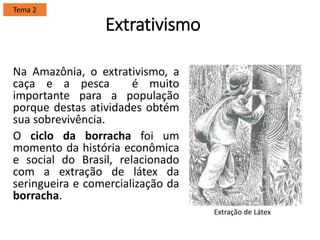 Extrativismo
Na Amazônia, o extrativismo, a
caça e a pesca é muito
importante para a população
porque destas atividades obtém
sua sobrevivência.
O ciclo da borracha foi um
momento da história econômica
e social do Brasil, relacionado
com a extração de látex da
seringueira e comercialização da
borracha.
Tema 2
Extração de Látex
 