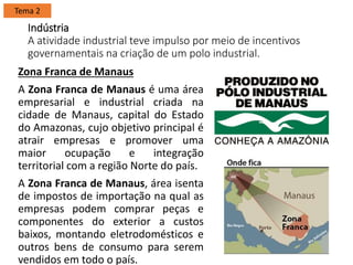 Indústria
A atividade industrial teve impulso por meio de incentivos
governamentais na criação de um polo industrial.
Zona Franca de Manaus
A Zona Franca de Manaus é uma área
empresarial e industrial criada na
cidade de Manaus, capital do Estado
do Amazonas, cujo objetivo principal é
atrair empresas e promover uma
maior ocupação e integração
territorial com a região Norte do país.
A Zona Franca de Manaus, área isenta
de impostos de importação na qual as
empresas podem comprar peças e
componentes do exterior a custos
baixos, montando eletrodomésticos e
outros bens de consumo para serem
vendidos em todo o país.
Tema 2
 