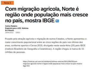 https://noticias.uol.com.br/cotidiano/ultimas-noticias/2011/04/29/com-
migracao-agricola-norte-e-regiao-onde-populacao-mais-cresce-no-pais-mostra-
ibge.htm
Tema 2
 