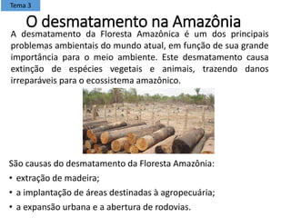 O desmatamento na Amazônia
São causas do desmatamento da Floresta Amazônia:
• extração de madeira;
• a implantação de áreas destinadas à agropecuária;
• a expansão urbana e a abertura de rodovias.
A desmatamento da Floresta Amazônica é um dos principais
problemas ambientais do mundo atual, em função de sua grande
importância para o meio ambiente. Este desmatamento causa
extinção de espécies vegetais e animais, trazendo danos
irreparáveis para o ecossistema amazônico.
Tema 3
 
