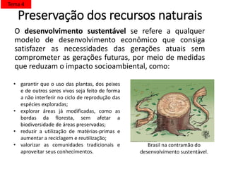 Preservação dos recursos naturais
O desenvolvimento sustentável se refere a qualquer
modelo de desenvolvimento econômico que consiga
satisfazer as necessidades das gerações atuais sem
comprometer as gerações futuras, por meio de medidas
que reduzam o impacto socioambiental, como:
• garantir que o uso das plantas, dos peixes
e de outros seres vivos seja feito de forma
a não interferir no ciclo de reprodução das
espécies exploradas;
• explorar áreas já modificadas, como as
bordas da floresta, sem afetar a
biodiversidade de áreas preservadas;
• reduzir a utilização de matérias-primas e
aumentar a reciclagem e reutilização;
• valorizar as comunidades tradicionais e
aproveitar seus conhecimentos.
Brasil na contramão do
desenvolvimento sustentável.
Tema 4
 