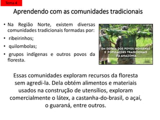 Aprendendo com as comunidades tradicionais
• Na Região Norte, existem diversas
comunidades tradicionais formadas por:
• ribeirinhos;
• quilombolas;
• grupos indígenas e outros povos da
floresta.
Essas comunidades exploram recursos da floresta
sem agredi-la. Dela obtém alimentos e materiais
usados na construção de utensílios, exploram
comercialmente o látex, a castanha-do-brasil, o açaí,
o guaraná, entre outros.
Tema 4
 