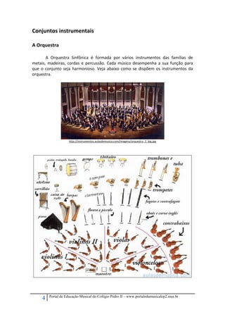 Conjuntos instrumentais 
 
A Orquestra 
 
A  Orquestra  Sinfônica  é  formada  por  vários  instrumentos  das  famílias  de 
metais,  madeiras,  cordas  e  percussão.  Cada  músico  desempenha  a  sua  função  para 
que  o  conjunto  seja  harmonioso.  Veja  abaixo  como  se  dispõem  os  instrumentos  da 
orquestra. 
 

http://instrumentos.aulasdemusica.com/imagens/orquestra_2_big.jpg 

 

 

 

 

 

 
4

Portal de Educação Musical do Colégio Pedro II – www.portaledumusicalcp2.mus.br

 