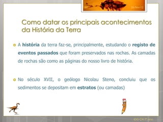 57                     26-Fev-12




     Como datar os principais acontecimentos
     da História da Terra

   A história da terra faz-se, principalmente, estudando o registo de
    eventos passados que foram preservados nas rochas. As camadas
    de rochas são como as páginas do nosso livro de história.



   No século XVII, o geólogo Nicolau Steno, concluiu que os
    sedimentos se depositam em estratos (ou camadas)




                                                                IDG CN 7º ano
 