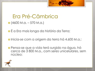Era Pré-Câmbrica
 (4600   M.a. – 570 M.a.)

É   a Era mais longa da história da Terra;

 Inicia-se   com a origem da terra há 4.600 M.a.;

 Pensa-seque a vida terá surgido na água, há
  cerca de 3 800 M.a., com seres unicelulares, sem
  núcleo;
 