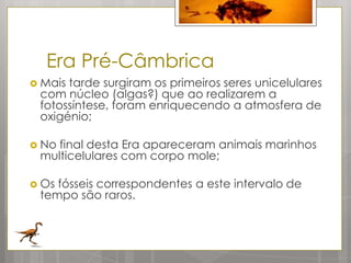 Era Pré-Câmbrica
 Maistarde surgiram os primeiros seres unicelulares
 com núcleo (algas?) que ao realizarem a
 fotossíntese, foram enriquecendo a atmosfera de
 oxigénio;

 Nofinal desta Era apareceram animais marinhos
 multicelulares com corpo mole;

 Osfósseis correspondentes a este intervalo de
 tempo são raros.
 