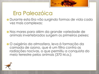 Era Paleozóica
 Duranteesta Era vão surgindo formas de vida cada
 vez mais complexas;

 Nosmares para além da grande variedade de
 animais invertebrados surgem os primeiros peixes;

O oxigénio da atmosfera, leva à formação da
 camada de ozono, que é um filtro contra as
 radiações nocivas, o que permitiu a conquista do
 meio terrestre pelos animais (370 M.a.);
 