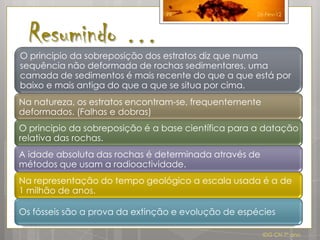 99                  26-Fev-12



  Resumindo …
O principio da sobreposição dos estratos diz que numa
sequência não deformada de rochas sedimentares, uma
camada de sedimentos é mais recente do que a que está por
baixo e mais antiga do que a que se situa por cima.
Na natureza, os estratos encontram-se, frequentemente
deformados. (Falhas e dobras)
O principio da sobreposição é a base científica para a datação
relativa das rochas.
A idade absoluta das rochas é determinada através de
métodos que usam a radioactividade.
Na representação do tempo geológico a escala usada é a de
1 milhão de anos.

Os fósseis são a prova da extinção e evolução de espécies

                                                        IDG CN 7º ano
 