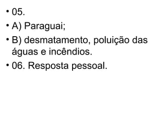 05.  A) Paraguai; B) desmatamento, poluição das águas e incêndios. 06. Resposta pessoal. 
