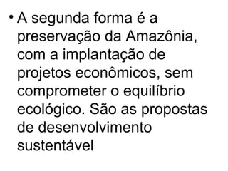 A segunda forma é a preservação da Amazônia, com a implantação de projetos econômicos, sem comprometer o equilíbrio ecológico. São as propostas de desenvolvimento sustentável 