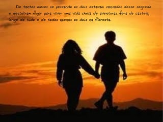 De tantos meses se passando os dois estavam cansados desse segredo
e decidiram fugir para viver uma vida cheia de aventuras fora do castelo,
longe de tudo e de todos apenas os dois na floresta.
 