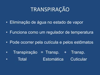 TRANSPIRAÇÃO
• Eliminação de água no estado de vapor
• Funciona como um regulador de temperatura
• Pode ocorrer pela cutícula e pelos estômatos
• Transpiração = Transp. + Transp.
• Total Estomática Cuticular
 
