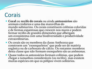 Corais
 Coral ou recife de corais ou ainda antozoários são
  animais cnidários e uma das maravilhas do
  mundo submarino. Os corais constituem colônias coloridas
  e de formas espantosas que crescem nos mares e podem
  formar recifes de grandes dimensões que albergam
  um ecossistema com uma biodiversidade e produtividade
  extraordinárias.
 Os corais são os membros da classe Anthozoa que
  constroem um "exoesqueletos" que pode ser de matéria
  orgânica ou de carbonato de cálcio. Os restantes membros
  desta classe que não formam exosqueleto são as anêmonas.
 Quase todos os antozoários formam colônias, que podem
  chegar a tamanhos consideráveis (os recifes), mas existem
  muitas espécies em que os pólipos vivem solitários.
 