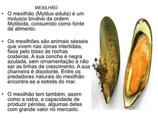 MEXILHÃO
• O mexilhão (Mytilus edulis) é um
  molusco bivalve da ordem
  Mytiloida, consumido como fonte
  de alimento.

• Os mexilhões são animais sésseis
  que vivem nas zonas intertidais,
  fixos pelo bisso às rochas
  costeiras. A sua concha é negra
  azulada, sem ornamentação a não
  ser as linhas de crescimento. A sua
  charneira é disodonte. Entre os
  predadores naturais do mexilhão
  encontra-se a estrela do mar.

• O mexilhão tem também, assim
  como a ostra, a capacidade de
  produzir pérolas, algumas delas
  com grande valor no mercado.
 