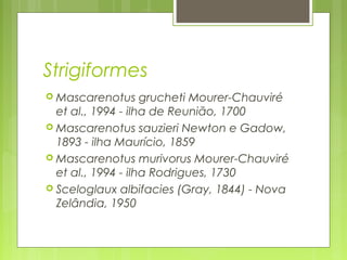 Strigiformes
 Mascarenotus      grucheti Mourer-Chauviré
  et al., 1994 - ilha de Reunião, 1700
 Mascarenotus sauzieri Newton e Gadow,
  1893 - ilha Maurício, 1859
 Mascarenotus murivorus Mourer-Chauviré
  et al., 1994 - ilha Rodrigues, 1730
 Sceloglaux albifacies (Gray, 1844) - Nova
  Zelândia, 1950
 