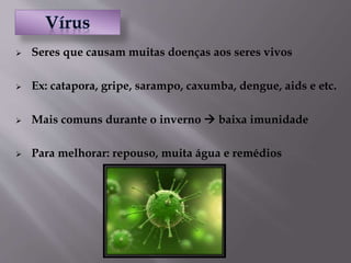  Seres que causam muitas doenças aos seres vivos
 Ex: catapora, gripe, sarampo, caxumba, dengue, aids e etc.
 Mais comuns durante o inverno  baixa imunidade
 Para melhorar: repouso, muita água e remédios
 