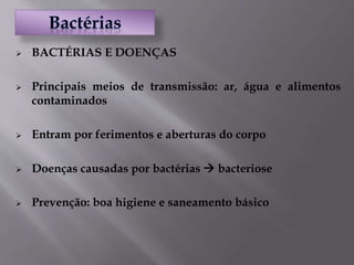  BACTÉRIAS E DOENÇAS
 Principais meios de transmissão: ar, água e alimentos
contaminados
 Entram por ferimentos e aberturas do corpo
 Doenças causadas por bactérias  bacteriose
 Prevenção: boa higiene e saneamento básico
 