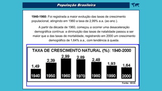 
1940-1960: Foi registrada a maior evolução das taxas de crescimento
populacional, atingindo em 1960 a taxa de 2,99% a.a. (ao ano ).
A partir da década de 1960, começou a ocorrer uma desaceleração
demográfica contínua: a diminuição das taxas de natalidade passou a ser
maior que a das taxas de mortalidade, registrando em 2000 um crescimento
demográfico de 1,64% a.a., com tendência à queda.
População Brasileira
 