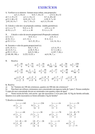 7º ano exerc razão e proporção | PDF