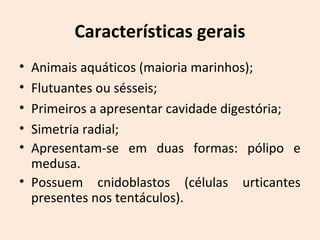 Características gerais
• Animais aquáticos (maioria marinhos);
• Flutuantes ou sésseis;
• Primeiros a apresentar cavidade digestória;
• Simetria radial;
• Apresentam-se em duas formas: pólipo e
medusa.
• Possuem cnidoblastos (células urticantes
presentes nos tentáculos).
 