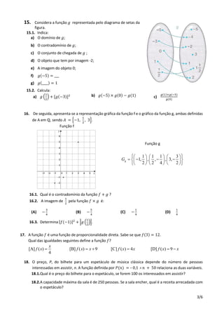 3/6
15. Considera a função 𝑔 representada pelo diagrama de setas da
figura.
15.1. Indica:
a) O domínio de 𝑔;
b) O contradomínio de 𝑔;
c) O conjunto de chegada de 𝑔 ;
d) O objeto que tem por imagem -2;
e) A imagem do objeto 0;
f) 𝑔(−5) = ___
g) 𝑔(____) = 1
15.2. Calcula:
a) 𝑔 (
1
2
) + [𝑔(−3)]2 b) 𝑔(−5) × 𝑔(0) − 𝑔(1) c)
𝑔(1)+𝑔(−5)
𝑔(0)
16. De seguida, apresenta-se a representação gráfica da função f e o gráfico da função g, ambas definidas
de A em ℚ, sendo 𝐴 = {−1,
1
2
, 3}.
Função f
Função g
1 1 1 3
1, , , , 3,
2 2 4 2
gG
      
         
      
16.1. Qual é o contradomínio da função 𝑓 + 𝑔 ?
16.2. A imagem de
1
2
pela função 𝑓 × 𝑔 é:
(A) −
3
4
(B) −
5
4
(C) −
1
4
(D)
1
4
16.3. Determina [𝑓(−1)]2
+ |𝑔 (
1
2
)|.
17. A função 𝑓 é uma função de proporcionalidade direta. Sabe-se que 𝑓(3) = 12.
Qual das igualdades seguintes define a função 𝑓?
[A] ( ) [B] ( ) 9 [C] ( ) 4 [D] ( ) 9
4
x
f x f x x f x x f x x     
18. O preço, P, do bilhete para um espetáculo de música clássica depende do número de pessoas
interessadas em assistir, n. A função definida por 𝑃(𝑛) = – 0,1  𝑛 + 50 relaciona as duas variáveis.
18.1.Qual é o preço do bilhete para o espetáculo, se forem 100 os interessados em assistir?
18.2.A capacidade máxima da sala é de 250 pessoas. Se a sala encher, qual é a receita arrecadada com
o espetáculo?
 