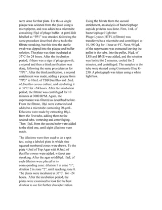 were done for that plate. For this a single
plaque was selected from the plate using a
micropipette, and was added to a microtube
containing 50μl of phage buffer. A petri dish
labelled as “PP1” was streaked following the
same procedure described above to do the
filtrate streaking, but this time the sterile
swab was dipped into the plaque and buffer
solution. The plate was then incubated at
37°C for 24 hours. After the incubation
period, if there was a sign of phage growth,
a second and then a third purification was
done, following the same procedure as for
“PP1”. After the third purification, a second
enrichment was made, adding a plaque from
“PP3” to 10mL of TSB Bacilllus and .5mL
of Bacillus cereus culture, and incubating it
at 37°C for ~24 hours. After the incubation
period, the filtrate was centrifuged for 10
minutes at 3000 RPM. Again, the
supernatant was filtered as described before.
From the filtrate, 10μl were extracted and
added to a microtube containing 90-μmL.
Dilutions were made by extracting 10μL
from the first tube, adding them to the
second tube, vortexing and centrifuging.
Then 10μL from the second tube were added
to the third one, until eight dilutions were
made.
The dilutions were then used to do a spot
test, using a labeled plate in which nine
squared numbered zones were drawn. To the
plate 4.5ml of Top Agar with 0.5mL of
Bacillus cereus were added, without any
streaking. After the agar solidified, 10μL of
each dilution were placed in its
corresponding zone: dilution 1 in zone “1”,
dilution 2 in zone “2”, until reaching zone 8.
The plates were incubated at 37°C. for ~24
hours. After the incubation period, the
plates were examined to look for the best
dilution to use for further characterization.
Using the filtrate from the second
enrichment, an analysis of bacteriophage
capsids proteins was done. First, 1mL of
bacteriophage High titer
Phage Lysate (HTPL) (filtrate) was
transferred to a microtube and centrifuged at
10, 000 Xg for 1 hour at 4ºC. Next, 950µL
of the supernatant was extracted leaving the
pellet in the tube. Into the pellet, 50µL of
LSB and BME were added, and the solution
was boiled for 2 minutes, cooled for 2
minutes, and centrifuged. The samples in the
tube were stained using Coomassie Blue G-
250. A photograph was taken using a white
light box.
 