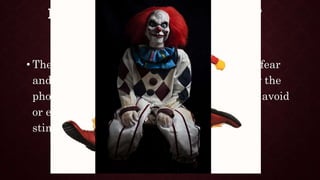 DIAGNOSTIC FEATURES OF
SPECIFIC PHOBIAS
• The phobic person experiences high levels of fear
and physiological arousal when encountering the
phobic object, which prompts strong urges to avoid
or escape the situation or to avoid the feared
stimulus, as in the following case.
 