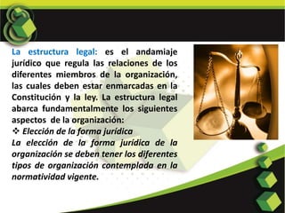 La estructura legal: es el andamiaje
jurídico que regula las relaciones de los
diferentes miembros de la organización,
las...