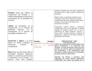 polígonos regulares para una mejor comprensión
Producir textos que reflejen su                                          del espacio que lo rodea y para la resolución de
                                                                         problemas.
comprensión del Ecuador y el
mundo contemporáneo a través de su                                       Medir, estimar, y transformar longitudes, áreas,
conocimiento de las disciplinas del                                      volúmenes y pesos de los objetos de su entorno
currículo.                                                               inmediato para una mejor comprensión del espacio
                                                                         cotidiano, a través del uso del cálculo y de
                                                                         herramientas de medida.
Aplicar las tecnologías en          la
                                                                         Comprender, expresar, analizar y representar
comunicación, en la solución        de                                   informaciones en di- versos diagramas y calcular
problemas      prácticos,    en     la                                   medidas de tendencia central, con el uso de
investigación, en el ejercicio      de                                   información de lugares históricos, turísticos y
actividades académicas, etc.                                             bienes natura- les, para fomentar y fortalecer la
                                                                         apropiación y cuidado de los bienes culturales y
                                                                         patrimoniales del Ecuador.


Interpretar y aplicar a un nivel          Estudios         Sociales:             OBJETIVOS DE 7 AÑO
básico un idioma extranjero en            comprender el mundo donde                ESTUDIOS SOCIALES
situaciones     comunes       de                                     Definir las características fundamentales de la
                                          vivo     y   la  identidad época Republicana y el nacimiento del
comunicación.                             ecuatoriana.               Ecuador, a través del estudio crítico de dicho
                                                                         período, con el fin de valorar los esfuerzos de
                                                                         los ecuatorianos y las ecuatorianas para
Hacer buen uso del tiempo libre en                                       alcanzar la unidad nacional en la diversidad,
actividades culturales, deportivas,                                      la justicia social y la democracia.
artísticas y recreativas que los lleven
                                                                         Describir los hechos y procesos más
a relacionarse con los demás y su
                                                                         relevantes del primer período republicano
entorno, como seres humanos                                              (1830-1895), por medio del análisis de la
 