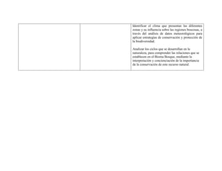 Identificar el clima que presentan las diferentes
zonas y su influencia sobre las regiones boscosas, a
través del análisis de datos meteorológicos para
aplicar estrategias de conservación y protección de
la biodiversidad.

Analizar los ciclos que se desarrollan en la
naturaleza, para comprender las relaciones que se
establecen en el Bioma Bosque, mediante la
interpretación y concienciación de la importancia
de la conservación de este recurso natural.
 