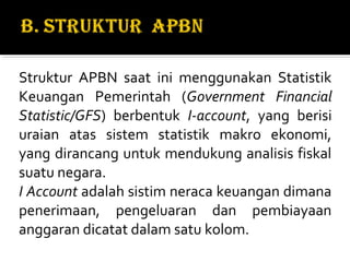 Struktur APBN saat ini menggunakan Statistik
Keuangan Pemerintah (Government Financial
Statistic/GFS) berbentuk I-account, yang berisi
uraian atas sistem statistik makro ekonomi,
yang dirancang untuk mendukung analisis fiskal
suatu negara.
I Account adalah sistim neraca keuangan dimana
penerimaan, pengeluaran dan pembiayaan
anggaran dicatat dalam satu kolom.
 
