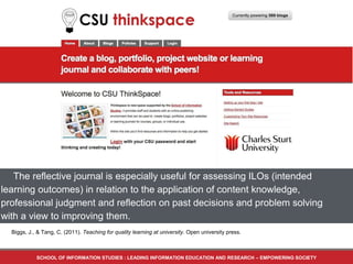SCHOOL OF INFORMATION STUDIES : LEADING INFORMATION EDUCATION AND RESEARCH – EMPOWERING SOCIETY
The reflective journal is especially useful for assessing ILOs (intended
learning outcomes) in relation to the application of content knowledge,
professional judgment and reflection on past decisions and problem solving
with a view to improving them.
Biggs, J., & Tang, C. (2011). Teaching for quality learning at university. Open university press.
 