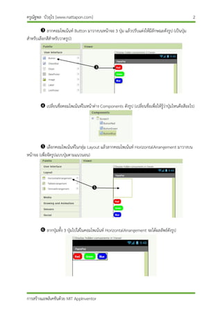 ครูณัฐพล บัวอุไร [www.nattapon.com] 2
การสร้างแอพลิเคชันด้วย MIT AppInventor
 ลากคอมโพเน้นท์ Button มาวางบนหน้าจอ 3 ปุ่ม แล้วปรับแต่งให้มีลักษณะดังรูป (เป็นปุ่ม
สาหรับเลือกสีสาหรับวาดรูป)
 เปลี่ยนชื่อคอมโพเน้นท์ในหน้าต่าง Components ดังรูป (เปลี่ยนชื่อเพื่อให้รู้ว่าปุ่มไหนคือสีอะไร)
 เลือกคอมโพเน้นท์ในกลุ่ม Layout แล้วลากคอมโพเน้นท์ HorizontalArrangement มาวางบน
หน้าจอ (เพื่อจัดรูปแบบปุ่มตามแนวนอน)
 ลากปุ่มทั้ง 3 ปุ่มไปใส่ในคอมโพเน้นท์ HorizontalArrangement จะได้ผลลัพธ์ดังรูป


 