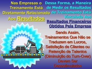 Nas Empresas o
Treinamento Está
Diretamente Relacionado
Aos Resultados
Dessa Forma, a Maneira
de Medir os Resultados
de Treinamento Está
Vinculada Aos
Resultados Financeiros
Obtidos Pela Empresa
Sendo Assim,
Treinamentos Que Não se
Traduzem em Lucros,
Satisfação de Clientes ou
Retenção de Talentos
(Diminuição do Turn-Over)
Devem Ser
Desestimulados
 