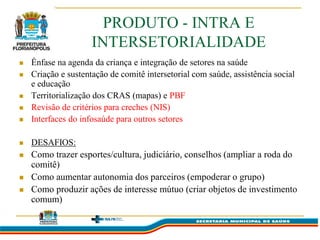 PRODUTO - INTRA E
                     INTERSETORIALIDADE
   Ênfase na agenda da criança e integração de setores na saúde
   Criação e sustentação de comitê intersetorial com saúde, assistência social
    e educação
   Territorialização dos CRAS (mapas) e PBF
   Revisão de critérios para creches (NIS)
   Interfaces do infosaúde para outros setores

   DESAFIOS:
   Como trazer esportes/cultura, judiciário, conselhos (ampliar a roda do
    comitê)
   Como aumentar autonomia dos parceiros (empoderar o grupo)
   Como produzir ações de interesse mútuo (criar objetos de investimento
    comum)
 
